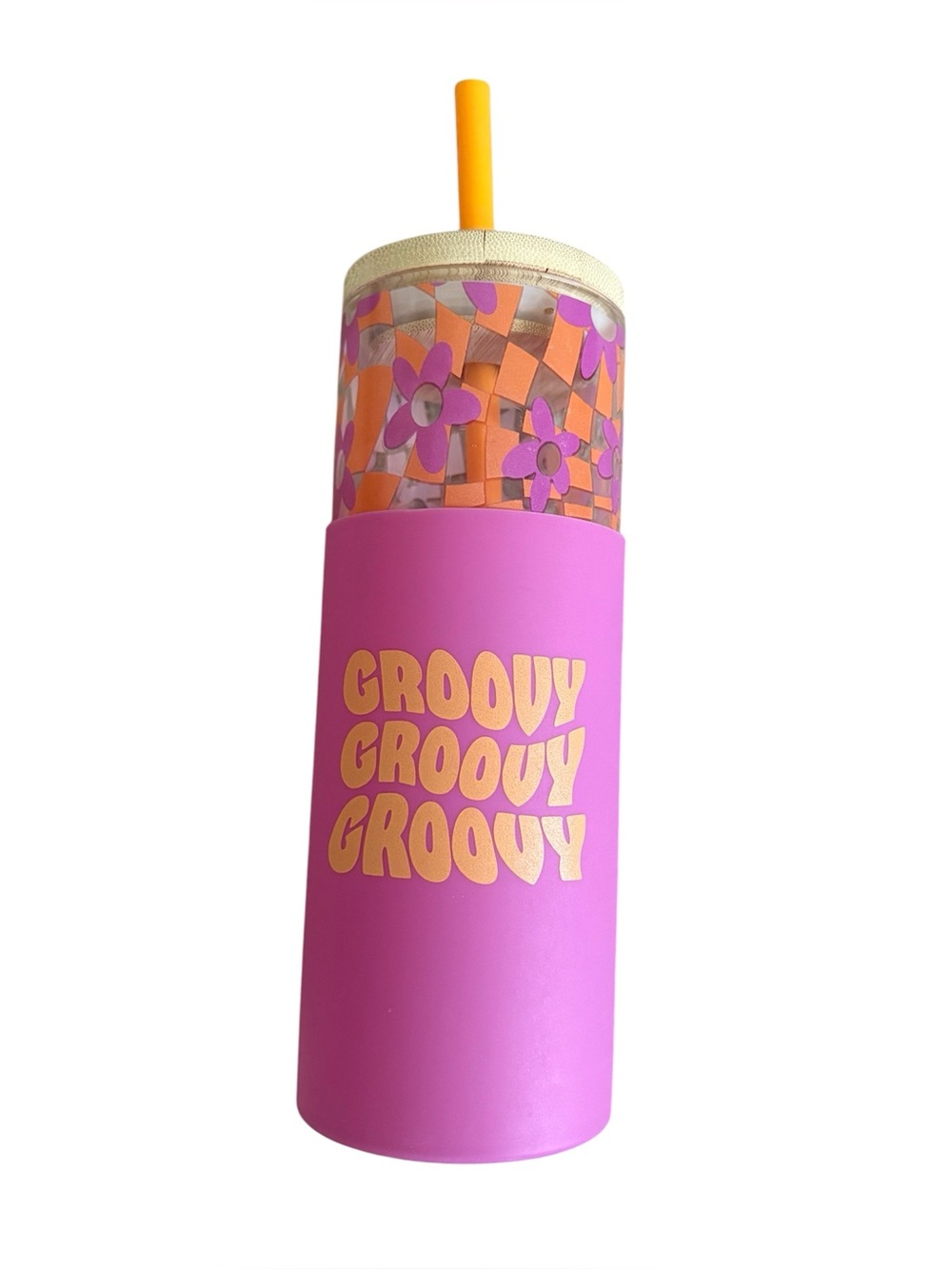5for20 Glass Groovy Pink Floral Insulated Tumbler with Orange Straw